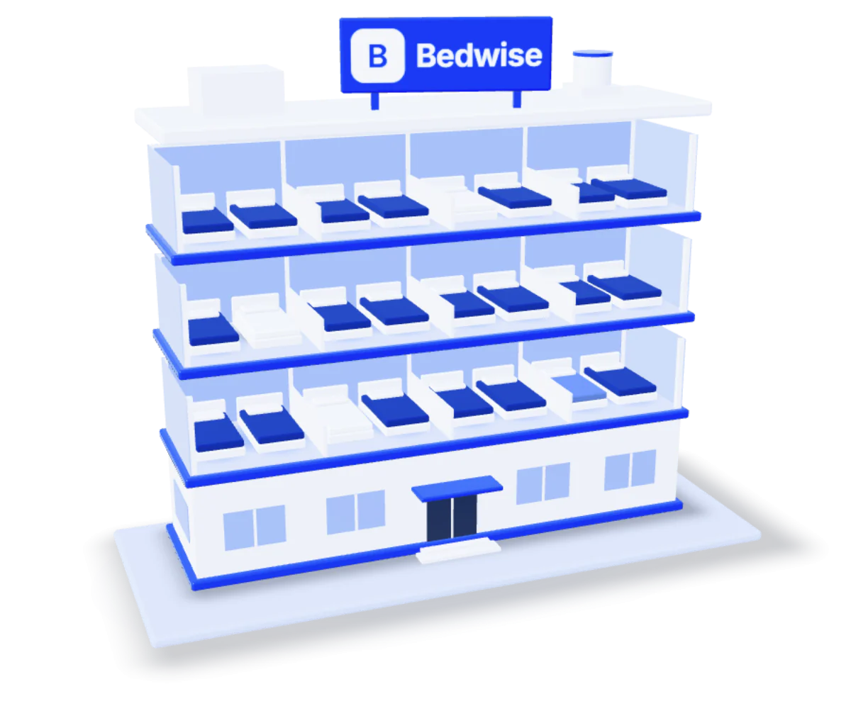 A glass PG building cut open floor by floor, its beds lit in blue