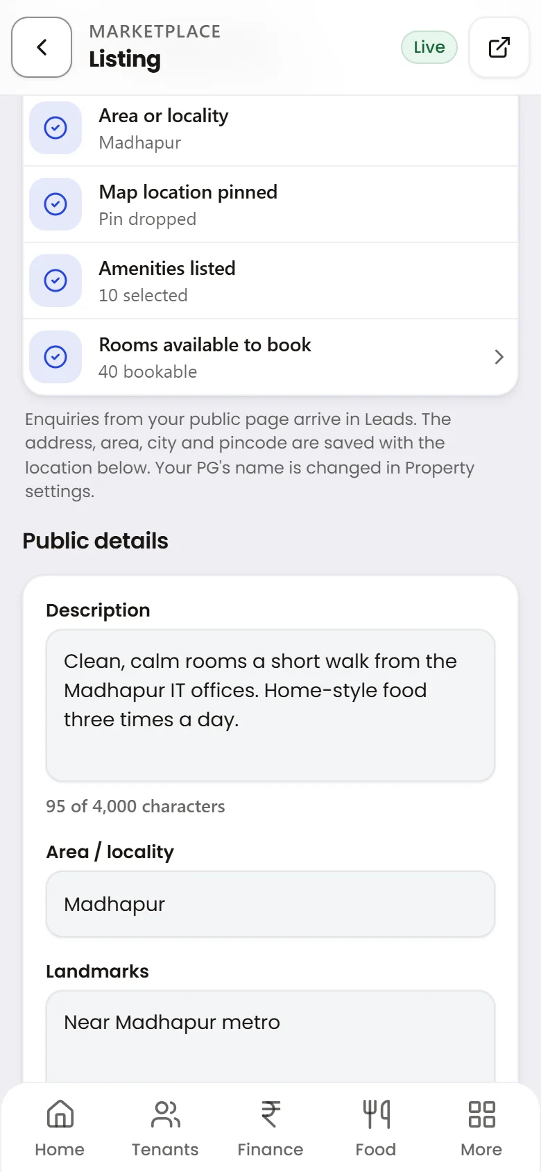 Bedwise Listing screen: the PG’s public description, area and landmarks