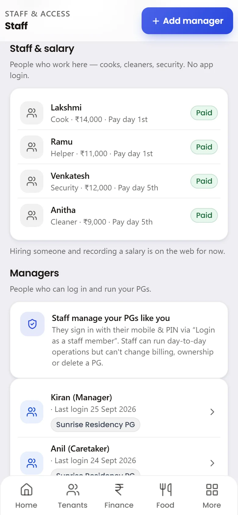 Bedwise Staff screen: salaries of the staff who work here, and the managers who sign in with their own mobile and PIN